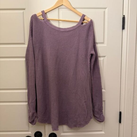Free People Moonshine Tunic Top Waffle Knit Cotton Purple Cold Shoulder Size L - Picture 6 of 7